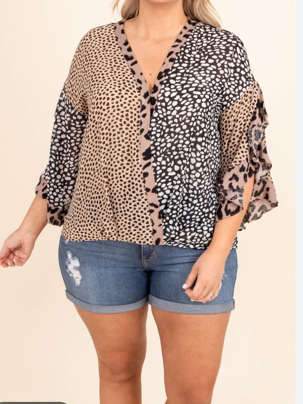 Umgee Mixed Animal Print V-Neck Blouse in Taupe and Black